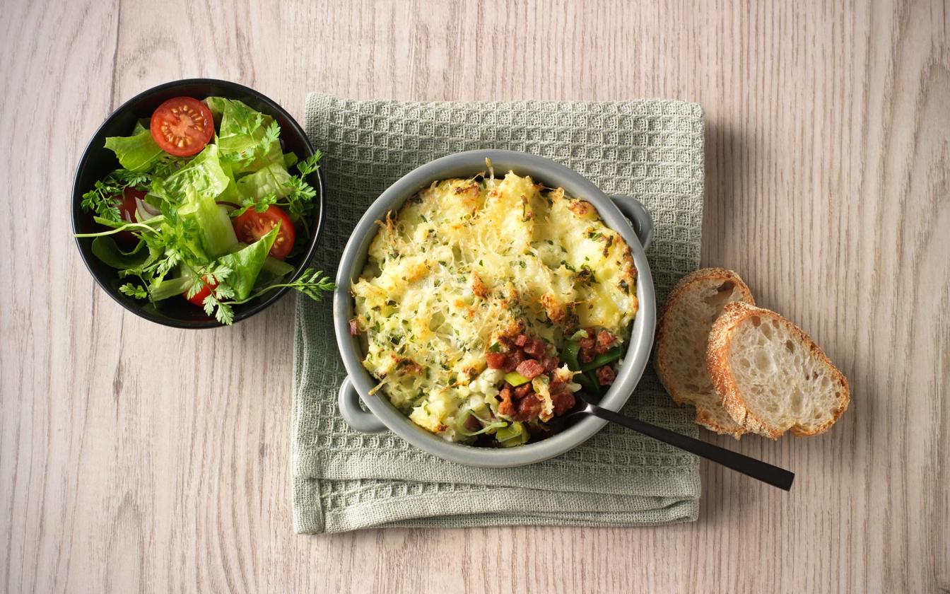 Bagt kartoffelmos med bacon